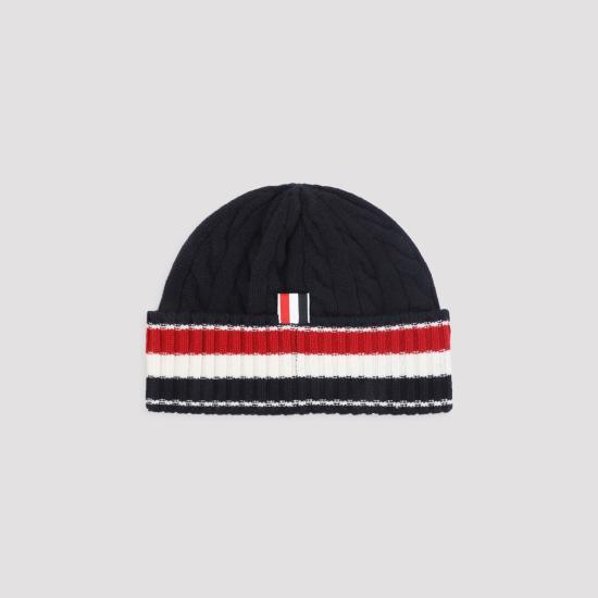 THOM BROWNE Navy Wool Ribbed Beanie Hat