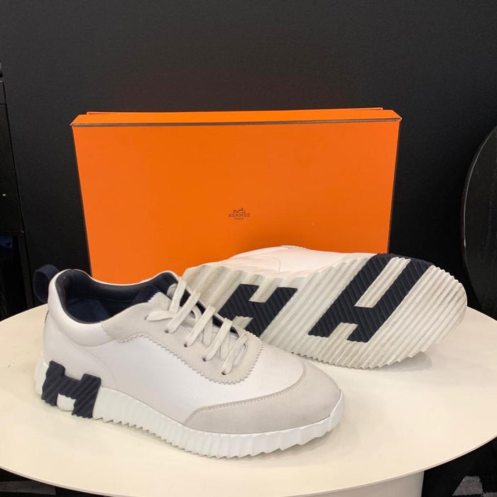 HERMES White Navy Leather H Bouncing Low-Top Sneakers Unisex