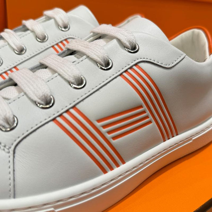 HERMES White Orange Calfskin Avantage Low Top Sneakers