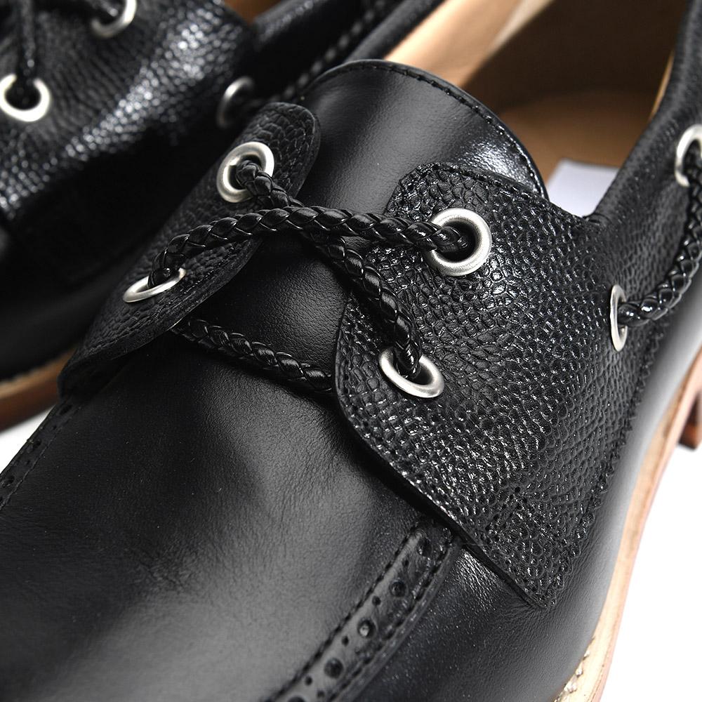 THOM BROWNE Black Vitello Calf Leather Boat Shoes Men's