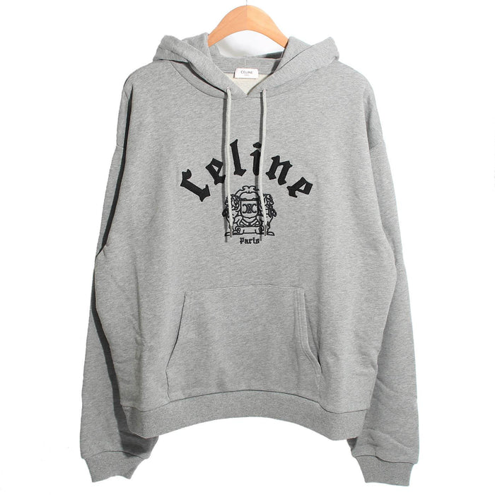 CELINE Cotton Fleece Embroidered Logo Hoodie Gray