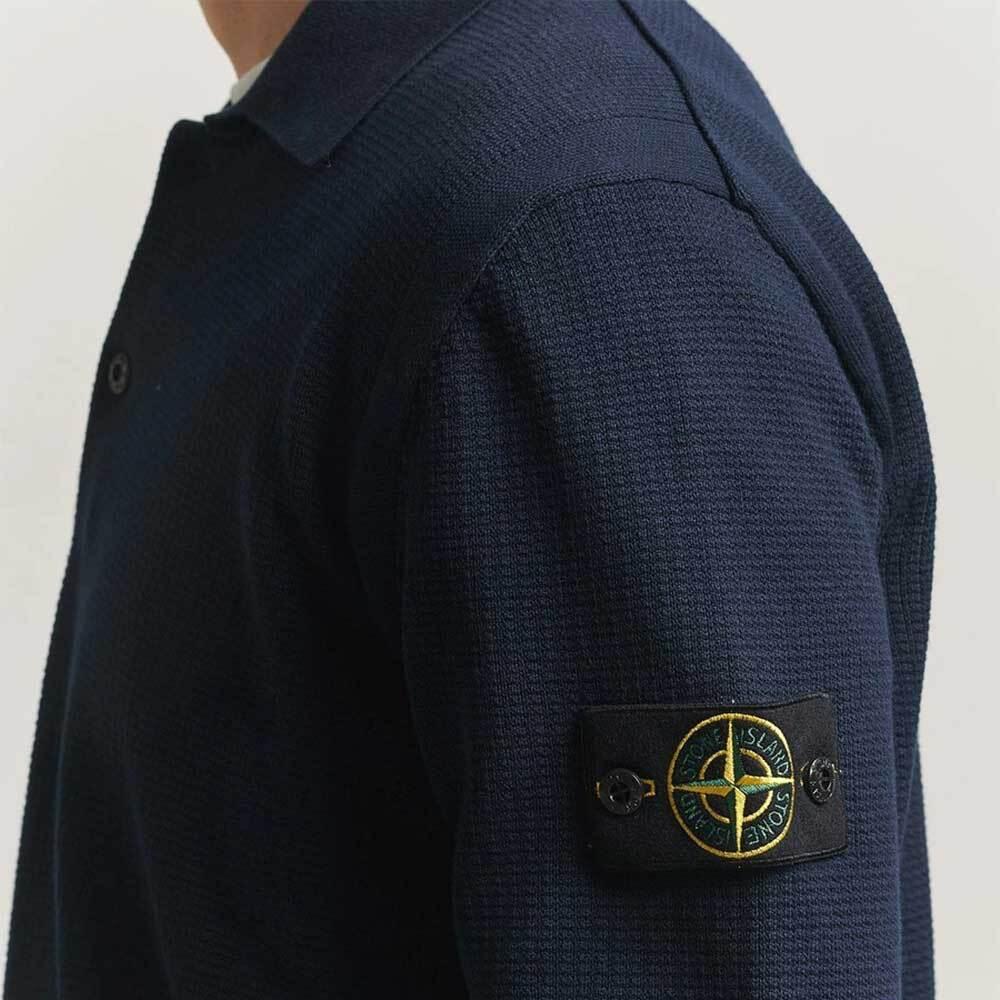 STONE ISLAND Waffle Knit Long Sleeve Polo Shirt Navy 5100024