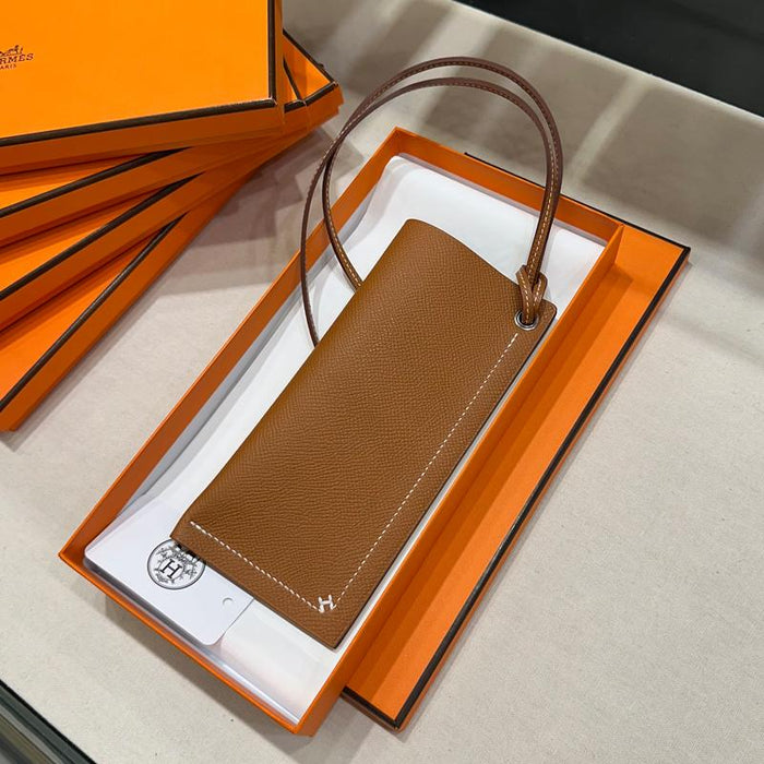 HERMES Brown Gold Epsom Calfskin Eyeglass Case with H Logo Strap
