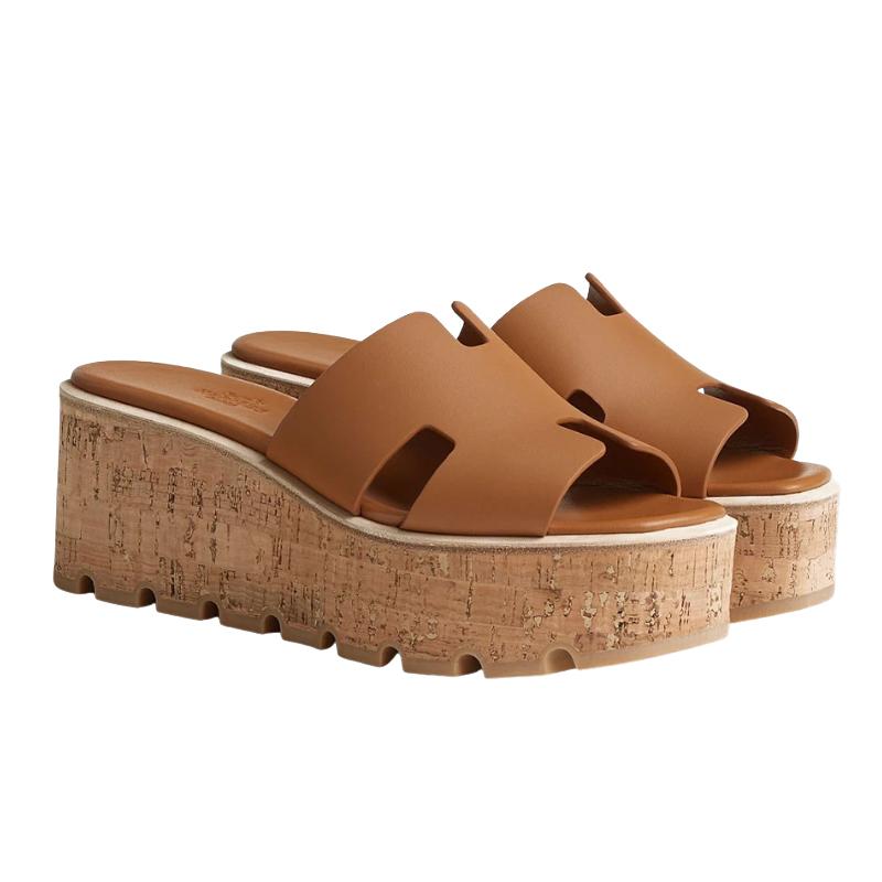 HERMES Brown Calfskin Wedge Heel Sandal for Women 30