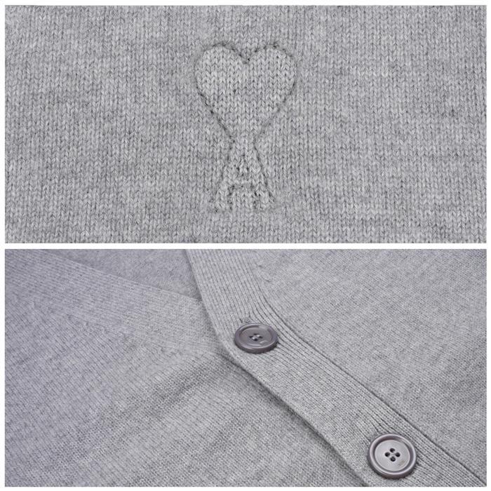 AMI Heart Logo V-Neck Cardigan Gray Knit for Men