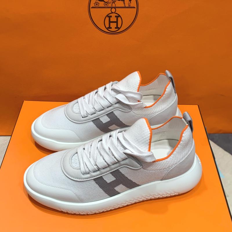 HERMES Crew Sneakers H Knit Goatskin White Gray Low-Top Women