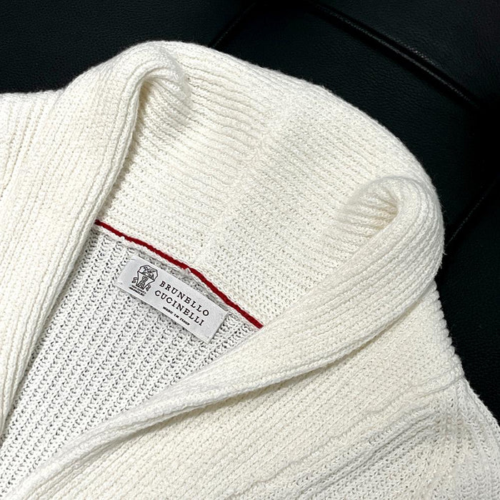 Brunello Cucinelli Ivory Allover Rib Shawl Collar Cardigan
