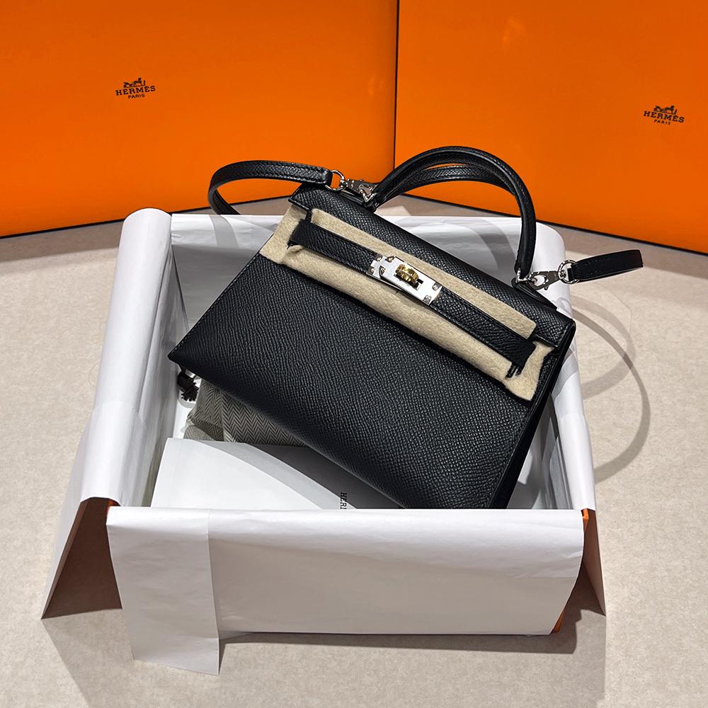 HERMES Mini Kelly Tote Bag Black Mixed Gold Silver Hardware