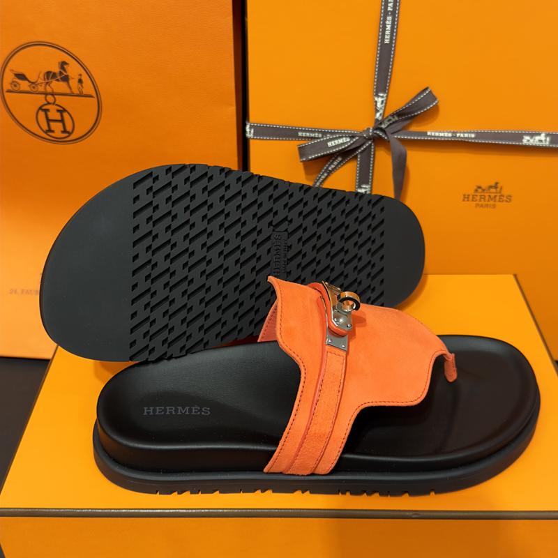 HERMES Empire Kelly Buckle Suede Goatskin Orange Silver Sandals