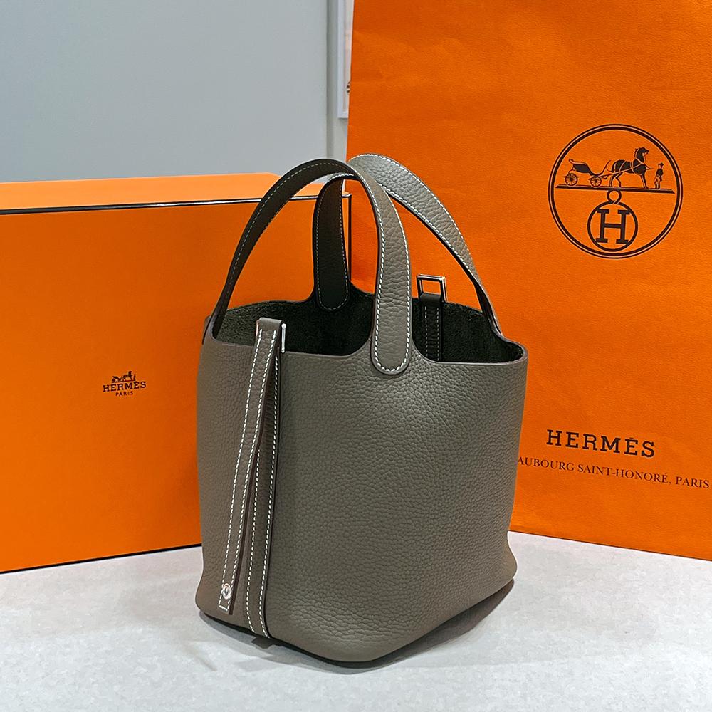 HERMES Clemence Picotin Lock 18 Tote Bag Etoupe Palladium Hardware