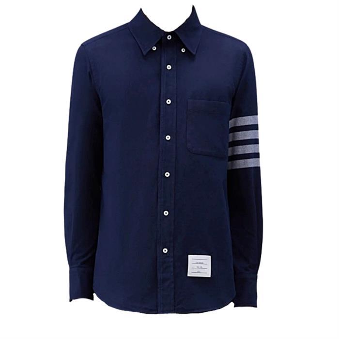 THOM BROWNE Solid Flannel 4-Bar Name Tag Straight Fit Long Sleeve Shirt