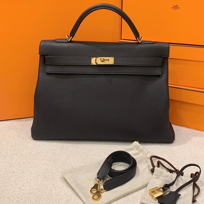 HERMES Kelly Black Leather Tote Bag with Gold Hardware