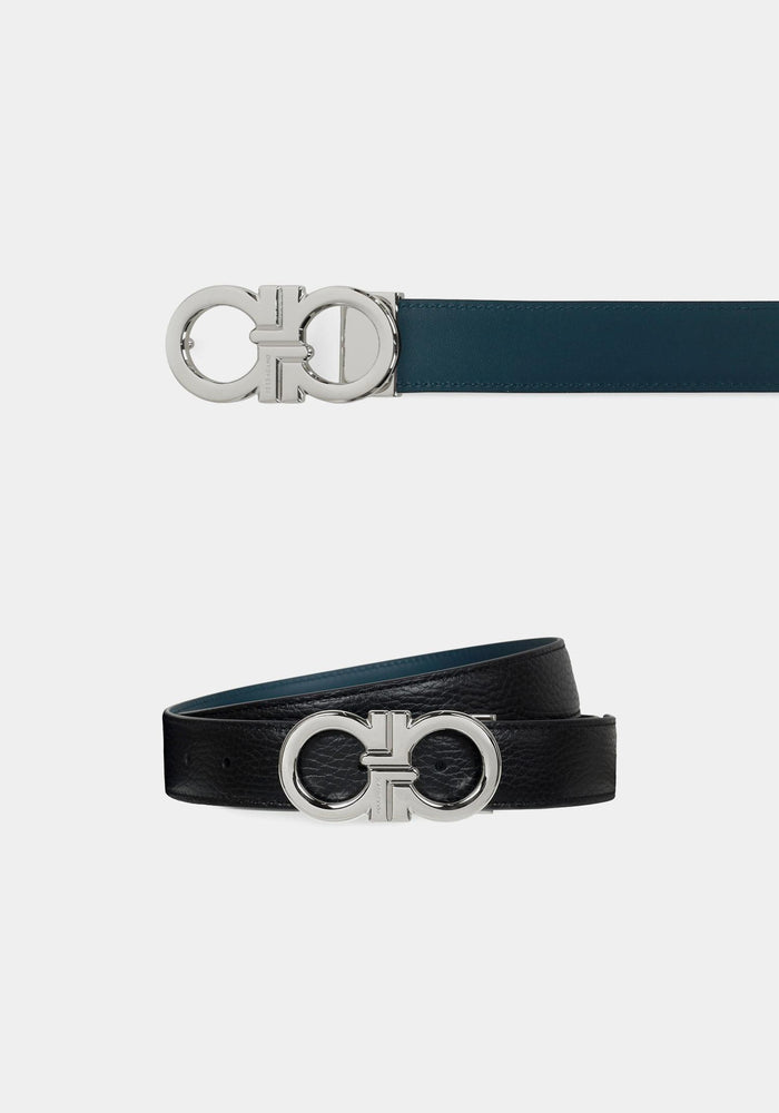 Ferragamo Black Titanium Blue Gancini Reversible Leather Belt Men