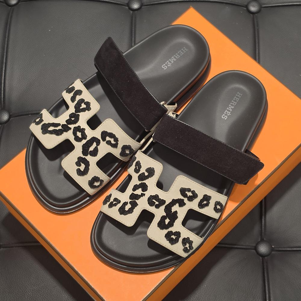 HERMES Leopard Beige Suede Goatskin Chypre Sandals