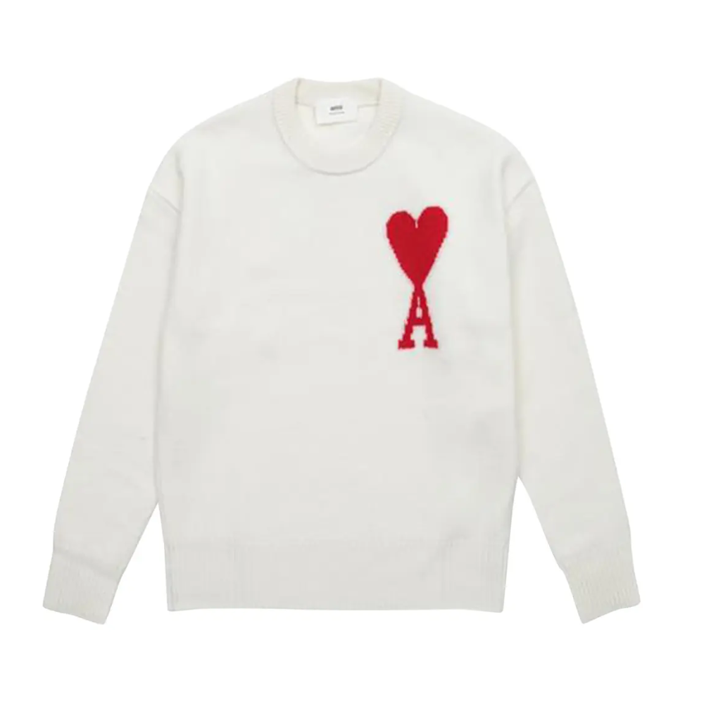 AMI Big Heart Logo Oversized Intarsia Sweater Off-White BFUKS002 018