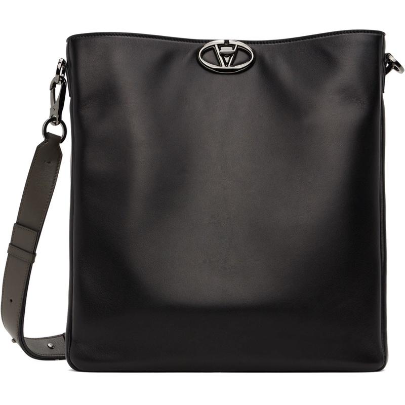 VALENTINO V Logo Flat Crossbody Bag Black Leather