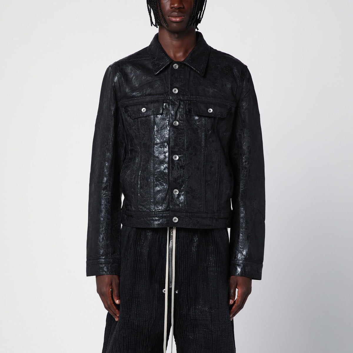 Rick Owens DRKSHDW Mega Crust Black Denim Slim Trucker Jacket DU02D2751 BMC 09