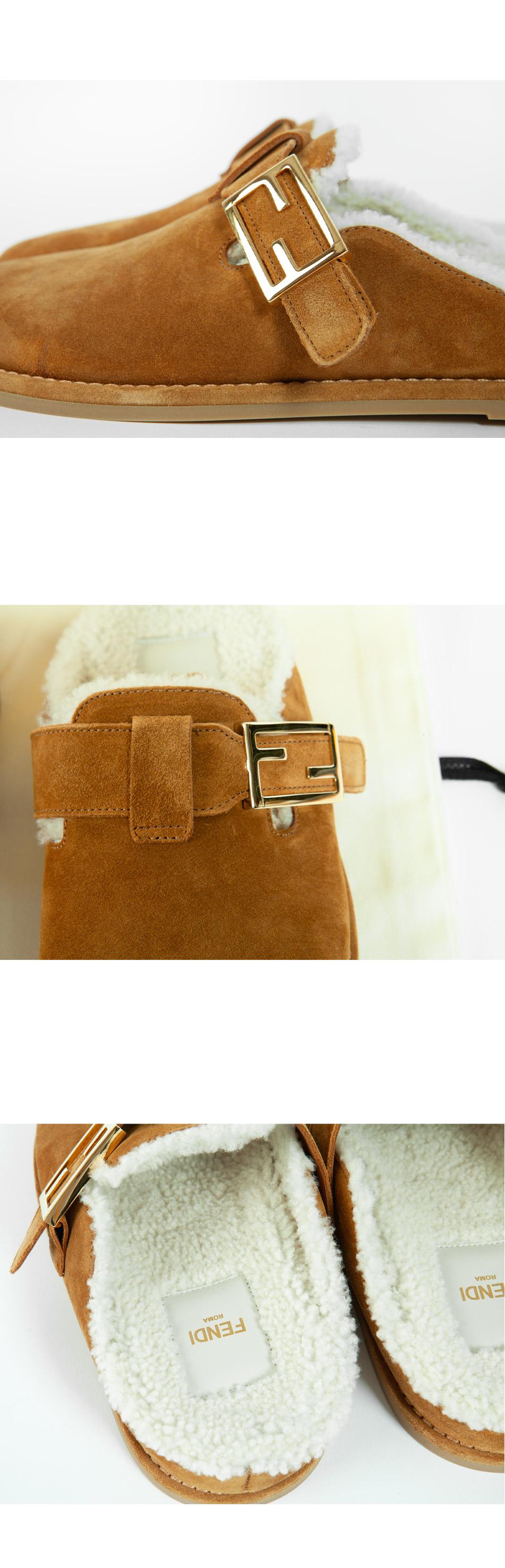 FENDI Buckle Shearling Suede Clog Mules Slippers 8R8448TK6 F1HHV