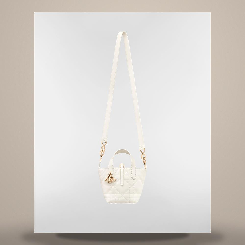 DIOR Latte Calfskin Macro Cannage Nano Vertical Tote Crossbody Bag