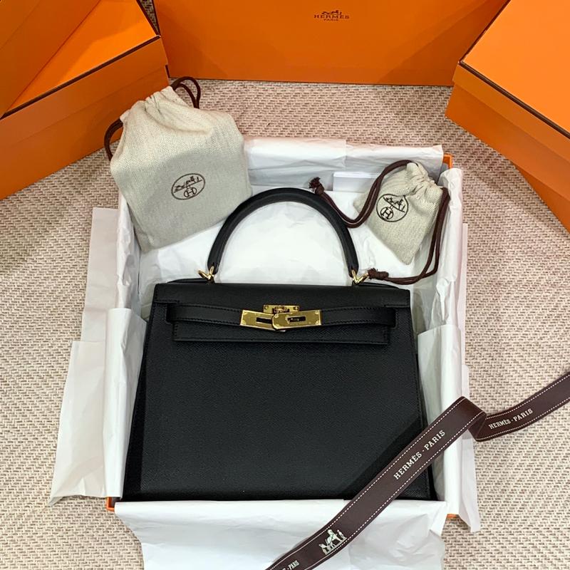 HERMES Kelly 28 Epsom Leather Tote Bag Black Gold Hardware