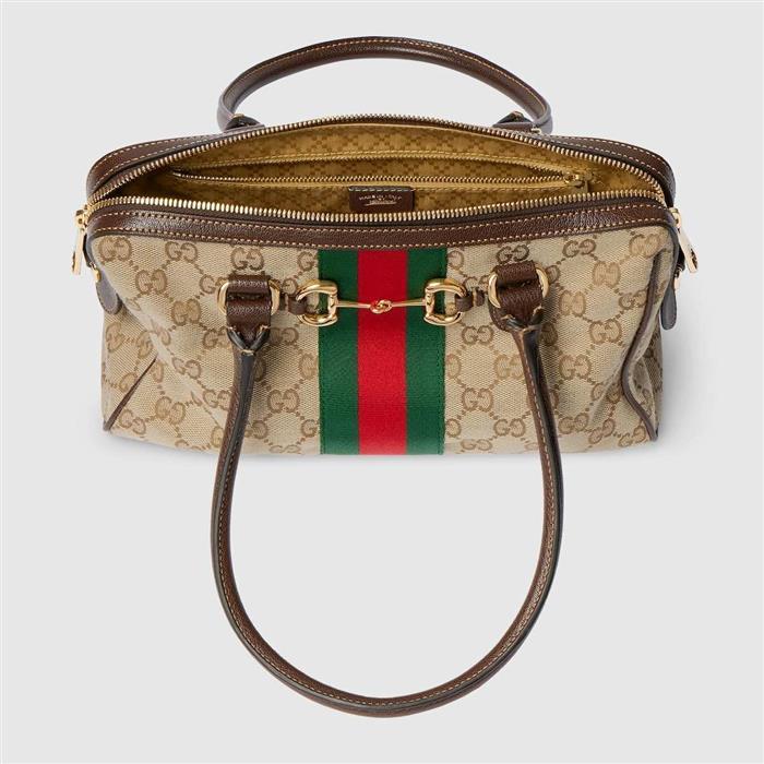 GUCCI Borsetto Medium Boston Bag Beige Canvas Leather Shoulder Bag
