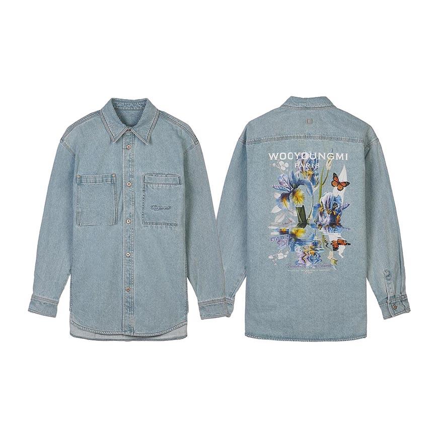 WOOYOUNGMI Men’s Denim Shirt Flower Back Logo Long Sleeve