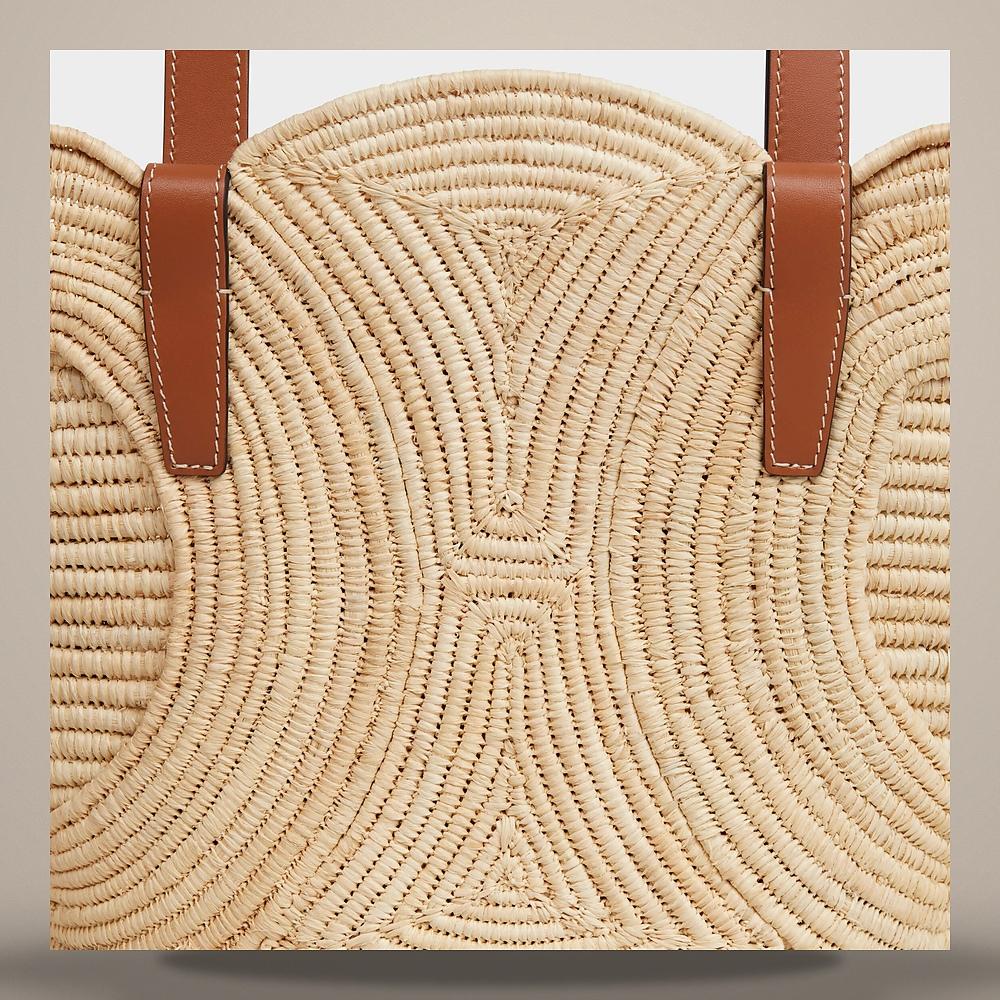 CELINE Small Classic Panier Braided Triomphe Raffia Calfskin Tote Tan