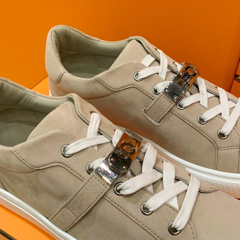 HERMES Brown Calfskin Low-Top Sneakers with Rose Gold Kelly Buckle