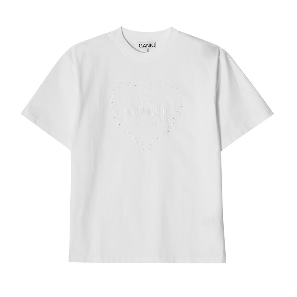 GANNI Heart Rhinestone Logo Short Sleeve T-Shirt T4033 151