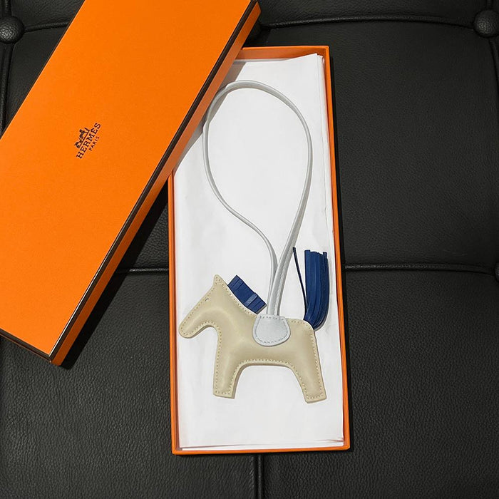 HERMES Rodeo PM Charm Ivory Blue Calfskin Lambskin Keyring