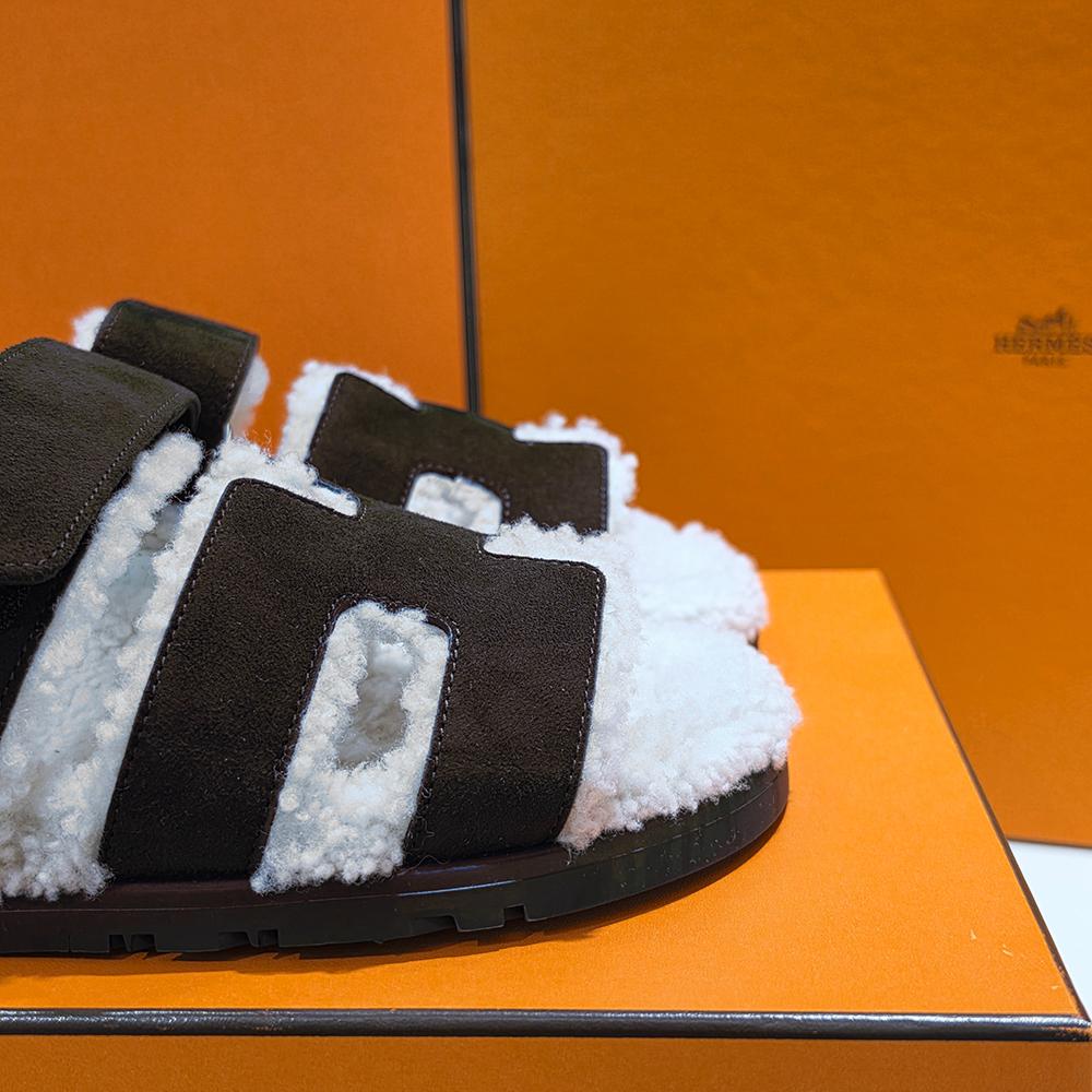 HERMES Shearling Chypre Sandals Woolskin Marron Ebene Slippers