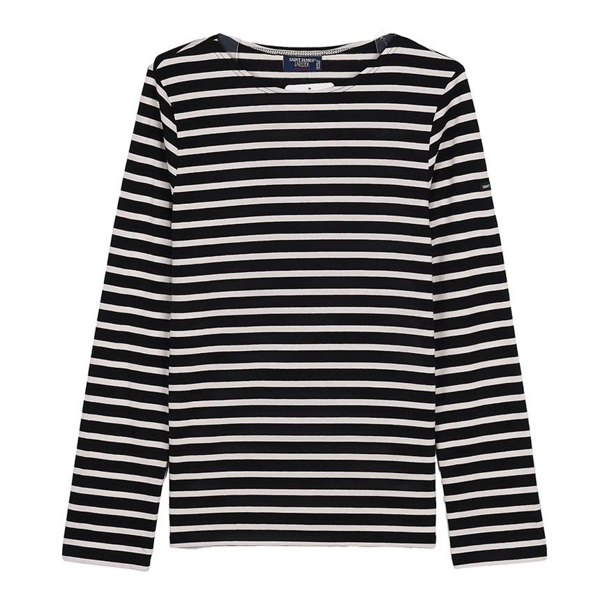 Saint James Striped Cotton Minquiers Modern Unisex T-Shirt Noir Ecru