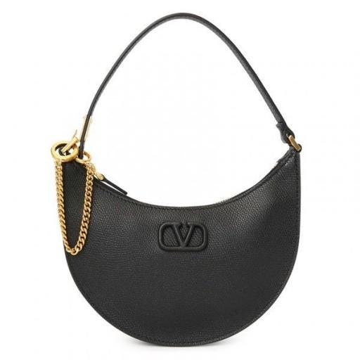 VALENTINO VLogo Chain Shoulder Hobo Bag Black Leather