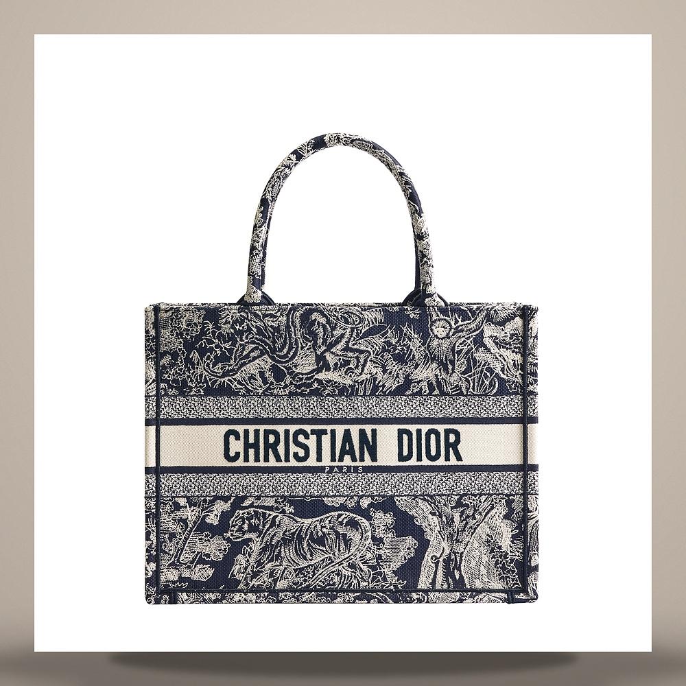 DIOR Blue Ecru Toile de Jouy Reverse Embroidered Medium Book Tote Bag