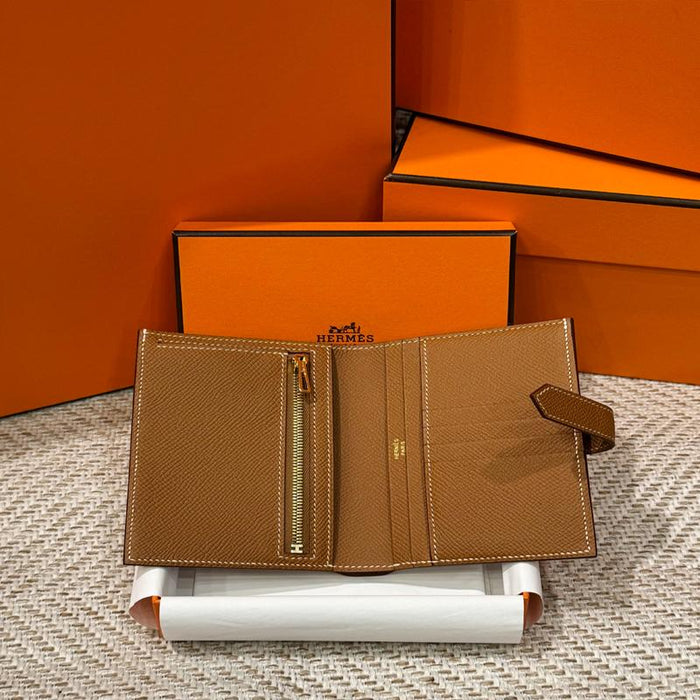 HERMES Brown Epsom Leather Béarn Compact Wallet Gold Clip Unisex