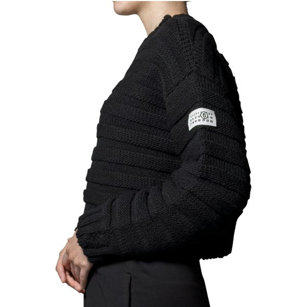MM6 Patch Distressed Wool Crewneck Sweater Black