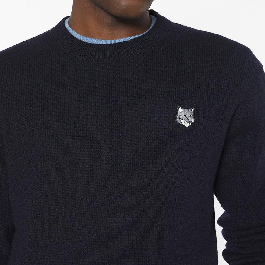 Maison Kitsune Men’s Fox Head Lambswool Crewneck Sweater Nav PM00803 KT1006 0413