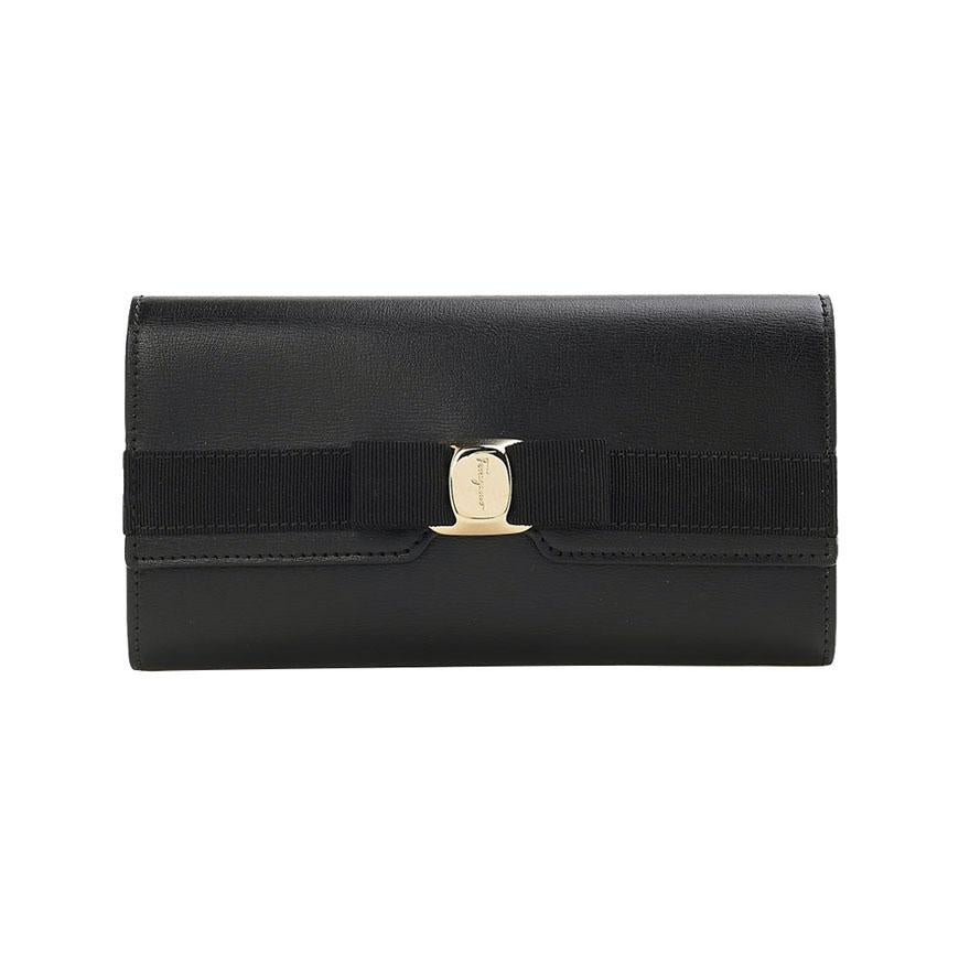 Ferragamo Vara Bow Long Wallet Black Leather Women’s
