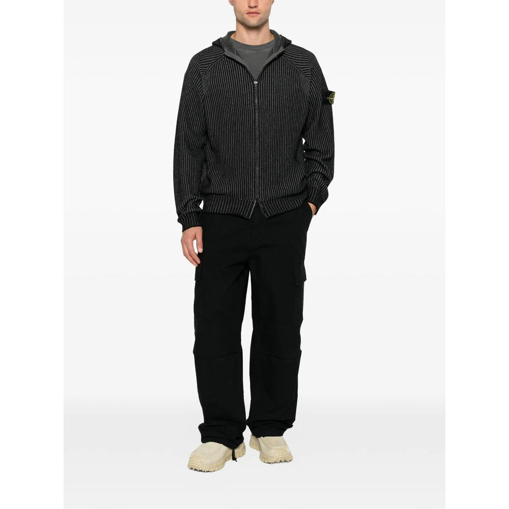 STONE ISLAND Black Wool Zip-Up Knit Cardigan