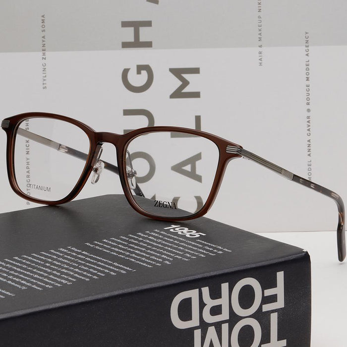 Zegna Titanium Brown Lightweight Square Frame Eyeglasses EZ5251H 050