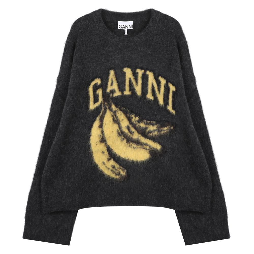 GANNI Black Banana Graphic Crewneck Knit Sweater K2516 252