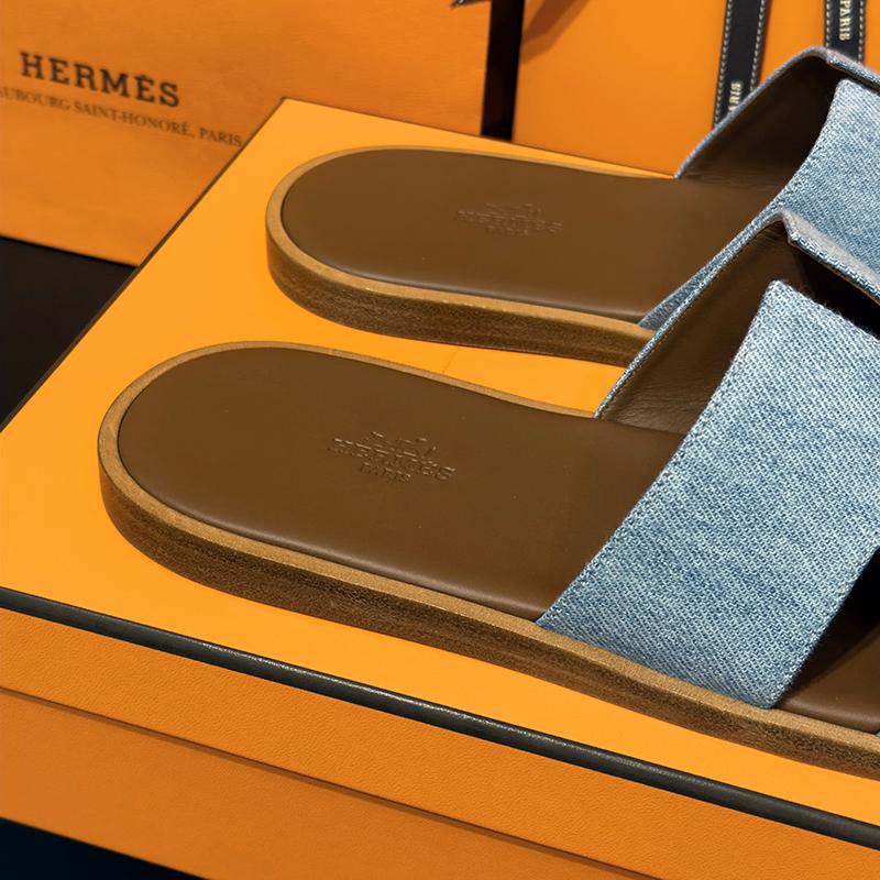 HERMES Izmir Two-Tone Calfskin Denim Brown Men’s Sandals