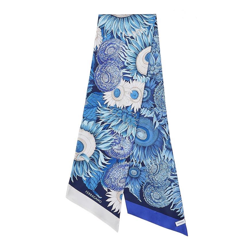Ferragamo Sunflower Print Silk Twilly Scarf Marine Navy Women