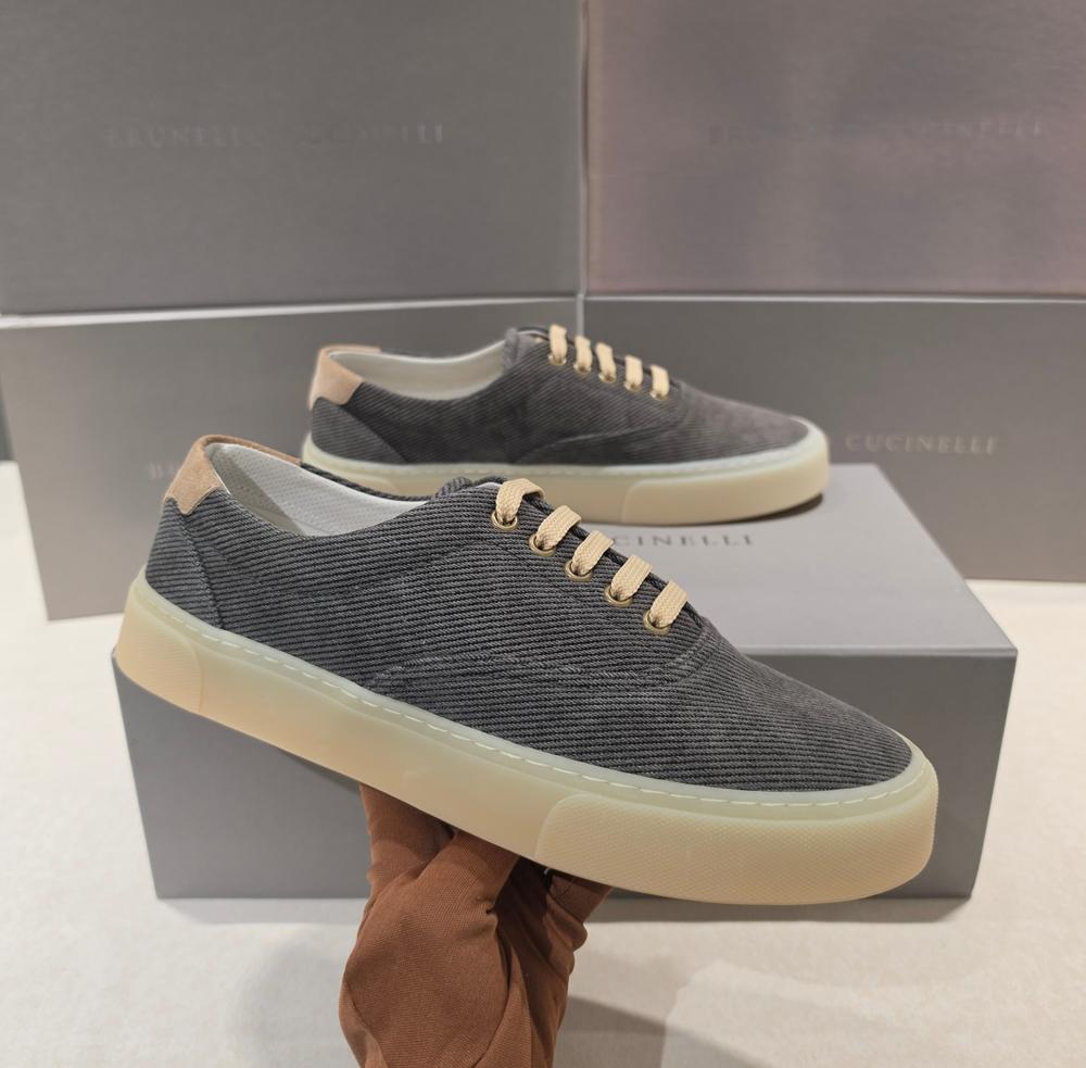 Brunello Cucinelli Charcoal Gray Corduroy Lace-Up Low-Top Sneakers