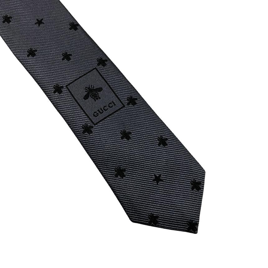 GUCCI Bee Pattern Silk Tie Gray