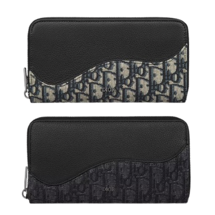 DIOR Oblique Saddle Zip Long Wallet Beige Black Unisex