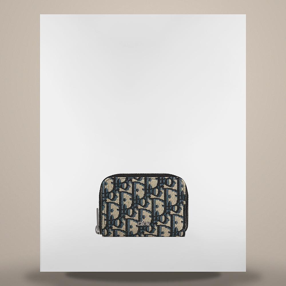 DIOR Beige Black Oblique Jacquard Zipper Coin Card Wallet