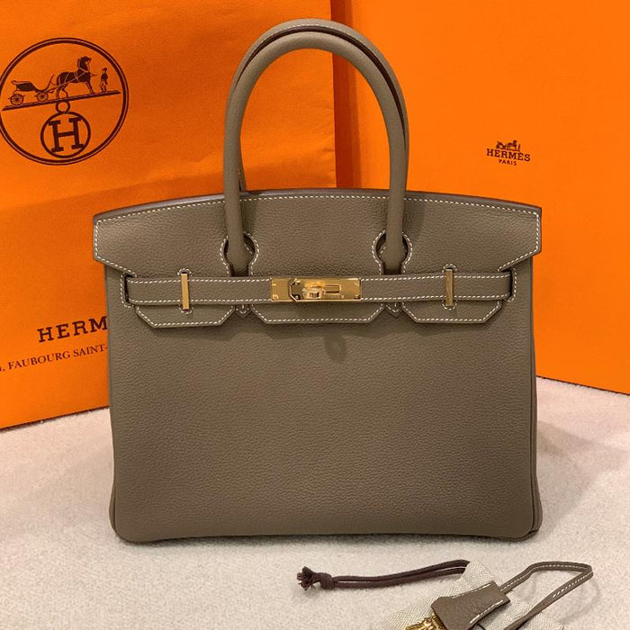 HERMES Etoupe Leather Birkin 30 Tote Bag with Gold Hardware