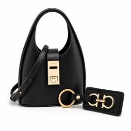 Ferragamo Gancini Buckle Mini Hobo Bag with Keyring Set Black 21 3978 22 E014