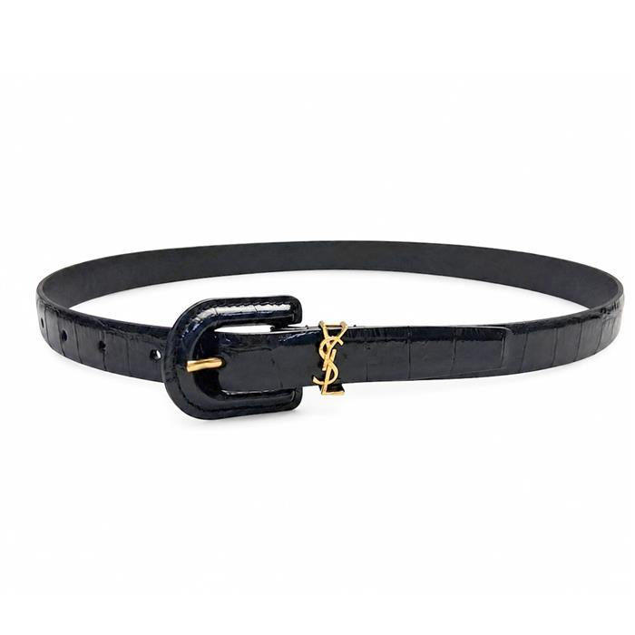 Saint Laurent Cassandra Crocodile-Embossed Leather Belt Black Women